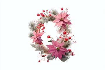 Obraz premium Festive Poinsettia Wreath with Red Berries and Silver Foliage on White Background