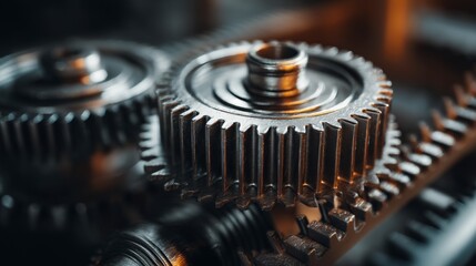 Close-up of interlocking gears with metallic sheen, precision mechanics in motion, symbolizing industrial efficiency and intricate engineering.