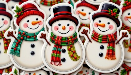 Fototapeta premium Stickers of smiling snowmen decorated with holly and berries.