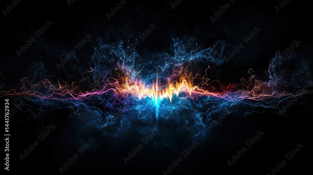 Poster dynamic soundwave abstract art digital creation vibrant colors dark background creative visualizatio