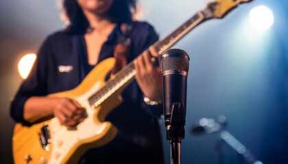 Fototapeta premium A musician playing electric guitar on stage with a microphone in the foreground, highlighted by dramatic lighting.