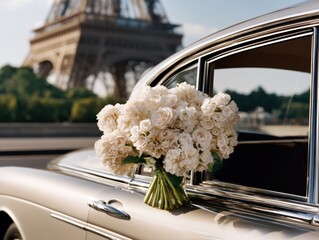 White bouquet emerges from car window, Eiffel Tower in background - flower sky bouquet European
