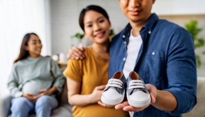 A couple holds baby shoes while smiling, with another pregnant woman sitting in the background.