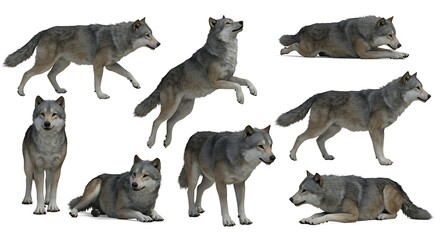 Wolf Pack in Various Poses Isolated on White Background