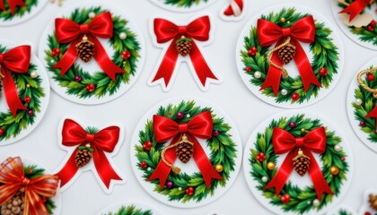 Festive wreath stickers with red ribbons and pine cones.
