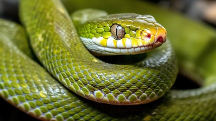 Obraz premium Captivating closeup of a green tree snake's face in its natural habitat detailed photography nature environment