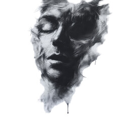 Fototapeta premium Abstract charcoal portrait on transparent background capturing a moment of introspection and emotion in a dreamy, flowing style, charcoal on transparent background