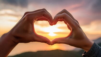 Obraz premium Two hands form a heart shape framing the setting sun against a scenic outdoor background.