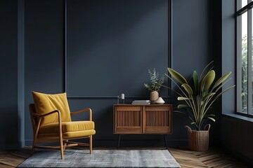 Commode with chair and decor in living room interior, dark blue wall mock up background, 3D render