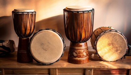 A set of traditional hand drums, including djembes and a rope-tuned drum, displayed on a wooden surface in warm lighting.