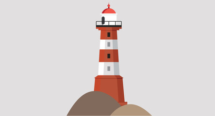 Flat design illustration of an isolated lighthouse standing tall with light beams extending outward, symbolizing guidance, safety, and coastal scenery on a clean, simple background.