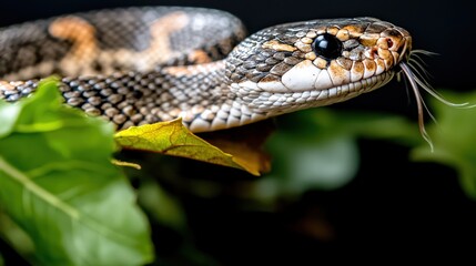 Exploration of a rat snake's head amongst leaves forest habitat wildlife photography close-up view nature concepts