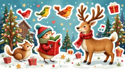 Caroling animals stickers with singing birds and dancing reindeer.