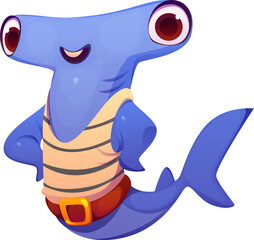 Cartoon hammerhead shark sea animal pirate and corsair sailor character with a wide smile, and striped singlet. Vector marine predator, underwater filibuster personage ready for oceanic adventures