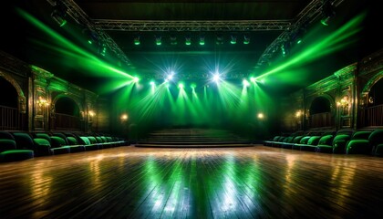 A grand, empty theater with green stage lights, wooden flooring, and ornate seating, ready for a live performance or event.