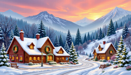 Fototapeta premium Christmas village border stickers with cozy cottages and snowy streets.