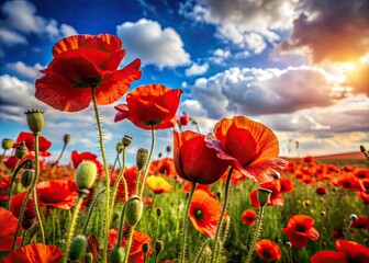 Fiery Poppies: Stunning Red Poppy Field Photography, Blooming Flowers, Wild Poppy Meadow, Nature Scenery, Vibrant Red Flowers