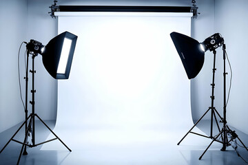 Professional photography studio setup with lighting equipment and white backdrop