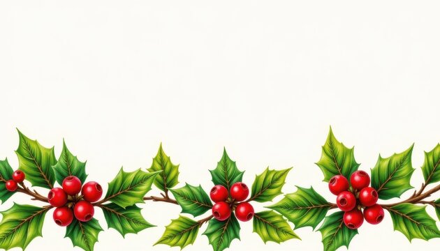 Holly and mistletoe border stickers with red berries and green leaves.