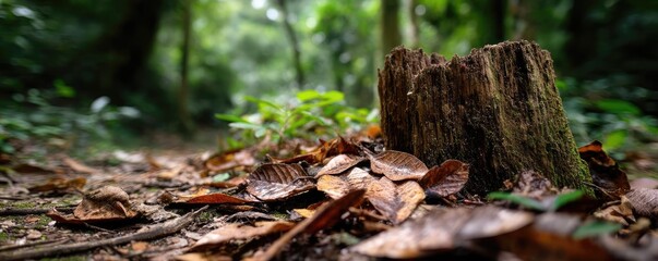 Tree stump symbolizing habitat loss due to illegal logging concept. A serene forest scene with a tree stump surrounded by leaves.
