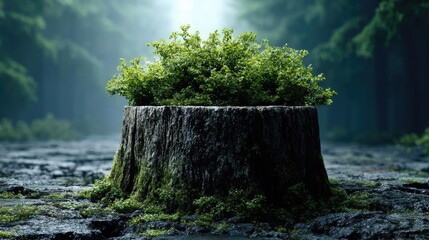 Tree stump revealing habitat destruction and environmental loss concept. A lush green plant growing from the remains of a tree stump.