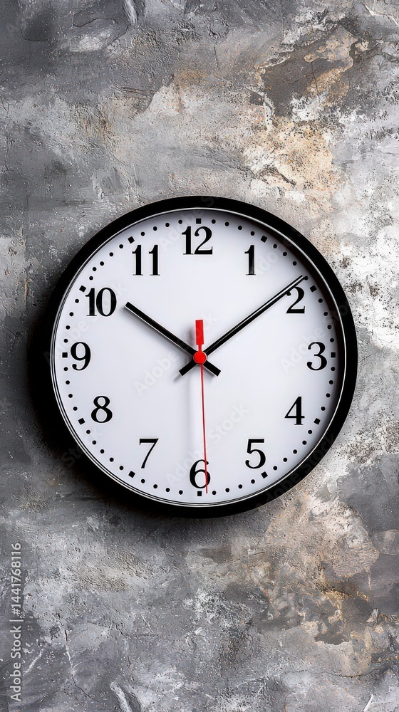 Poster analog clock displaying time on concrete wall home decor modern aesthetic close-up realistic design