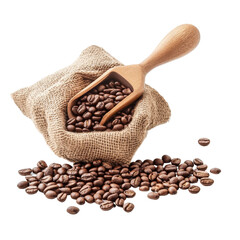 Obraz premium Burlap sack filled with coffee beans and wooden scoop isolated on a transparent background showcasing, Coffee beans, burlap sack and wooden scoop isolated on transparent background Stock Photo