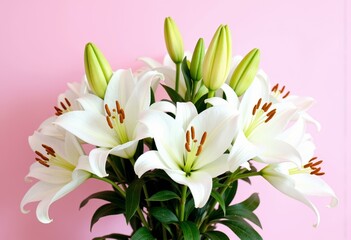 Fototapeta premium White lilies blooming against a pink background 