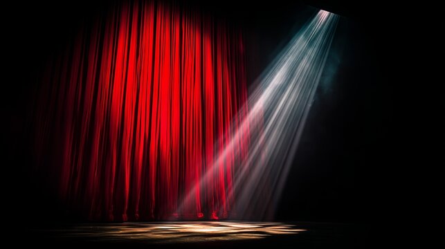 Dramatic red curtain under spotlight, evoking theatrical intensity and anticipation
