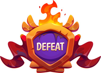 Defeat game frame icon, ui asset. Cartoon vector gui fantasy arcade final badge. Level end label, pop up videogame screen. Lose battle sign features flames, royal winged shield and rugged red banner