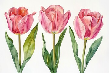 Obraz premium Three pink tulip flowers with green leaves on white background, showing delicate textures and natural beauty of blooming spring flowers