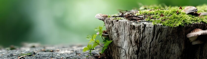 Tree stump revealing habitat destruction and environmental loss concept. A close-up image of a moss-covered tree stump in nature.