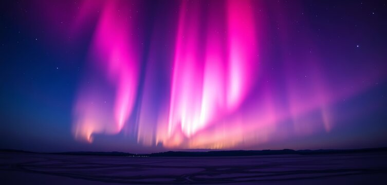 Luminous pink aurora borealis streaks across a dark blue night sky, creating a vibrant light show, cosmic, wallpaper