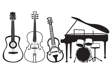 Musical Instruments Vector Set, Hand-Drawn Band Instrument Silhouettes, Guitar, Violin, Piano, and Drum Kit Art