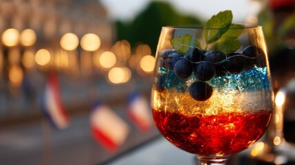 Tricolor cocktail with blueberries and mint in crystal glass, celebrating French National Day with festive elegance.