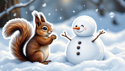 Sticker of a squirrel building a snowman.