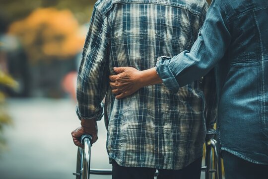 Parkinson disease patient, elderly senior person in support of nursing family caregiver for disability awareness day, senior citizens aging society concept - Powered by Adobe