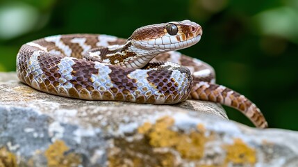 Obraz premium Malayan pit viper resting on a rock in lush jungle wildlife photography serpentine beauty close-up view