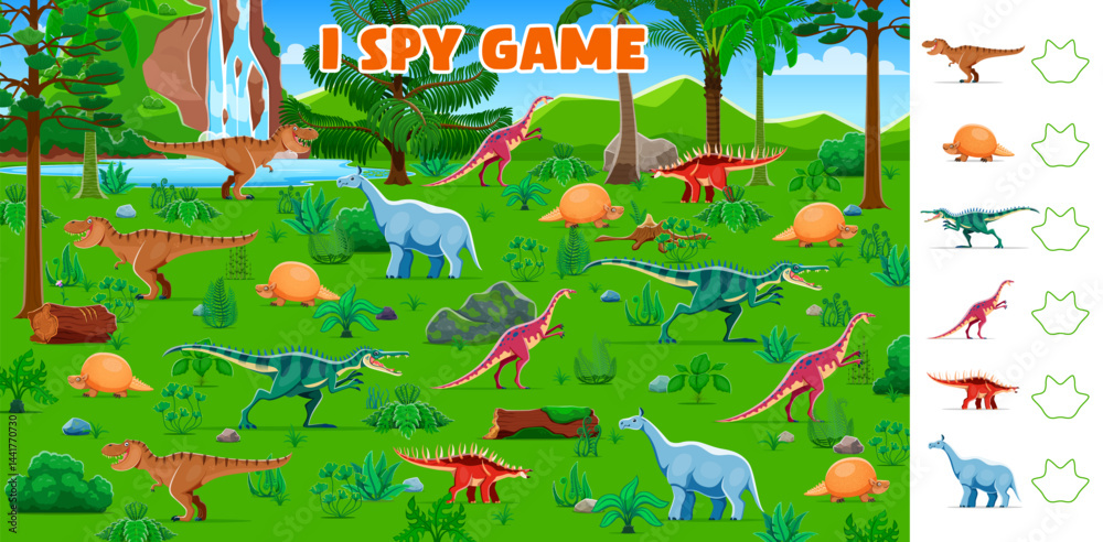Poster i spy game with prehistoric dinosaurs for kids puzzle worksheet, vector template. i spy game quiz to