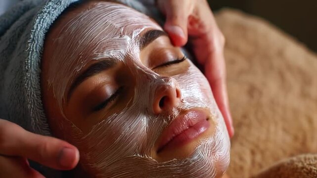 A woman with a facial mask relaxes as she receives a soothing treatment in a spa setting.