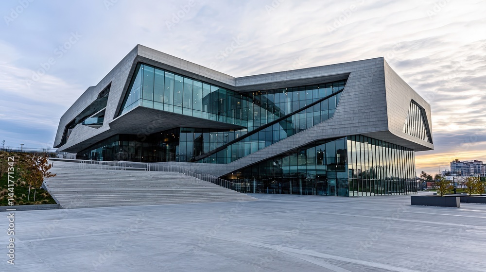 Poster Dynamic geometric architecture a modern building showcasing bold shapes in an urban environment