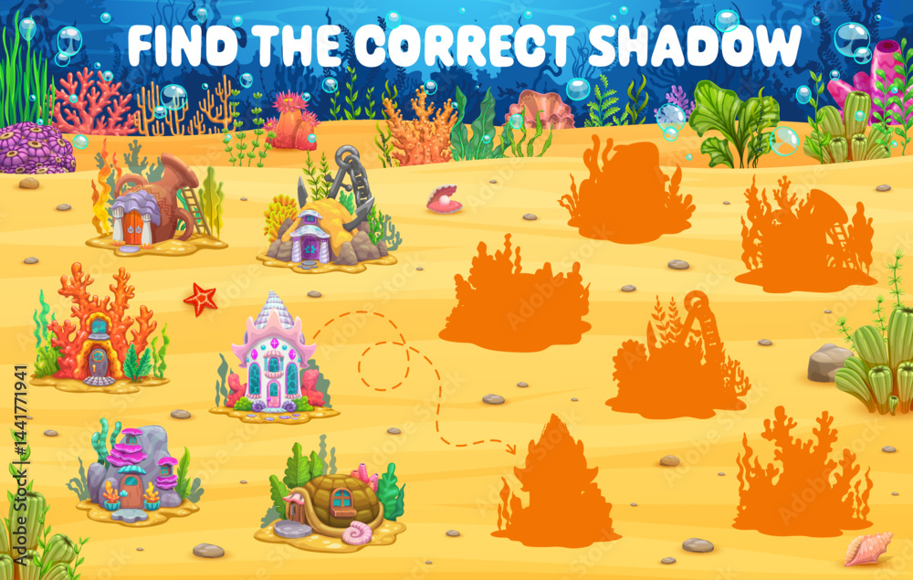 Poster kids game worksheet to find the correct shadow of underwater fairytale houses, vector quiz puzzle. f