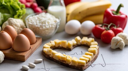 Healthy food arranged in a heart shape with fading cholesterol indicators, symbolizing dietary control for heart health.