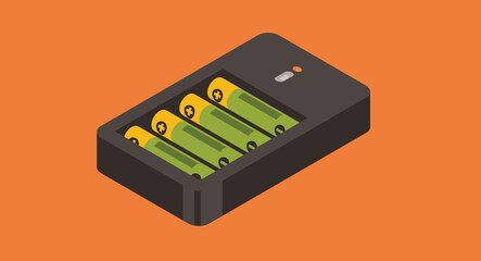 Isometric flat design illustration of a battery pack with a charger, showcasing modern tech and charging equipment in a clean, stylized view, symbolizing power, energy, and portability.