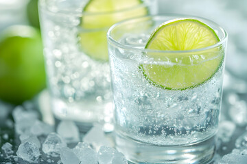 Refreshing sparkling water with lime slice and ice cubes