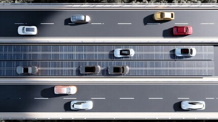 Aerial view of cars traveling on a highway with integrated solar panels infrastructure