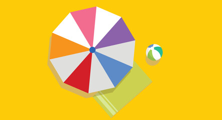 Flat design illustration of a beach umbrella with a colorful beach ball on a sandy beach, viewed from the top, capturing a relaxed, sunny, and vibrant summer scene with clear blue skies.