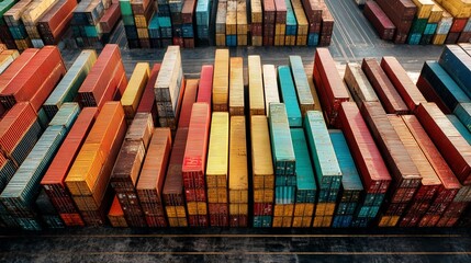 Obraz premium Stacked shipping containers in orderly rows at a bustling port, showcasing global logistics efficiency.