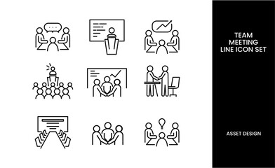 Business Teamwork Line Icons. Meeting, Presentation, Collaboration, Discussion, Brainstorming, Corporate Communication Vector Set