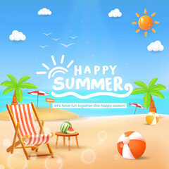 Happy Summer Beach Scene with Chair, Palm Trees, and Decorations